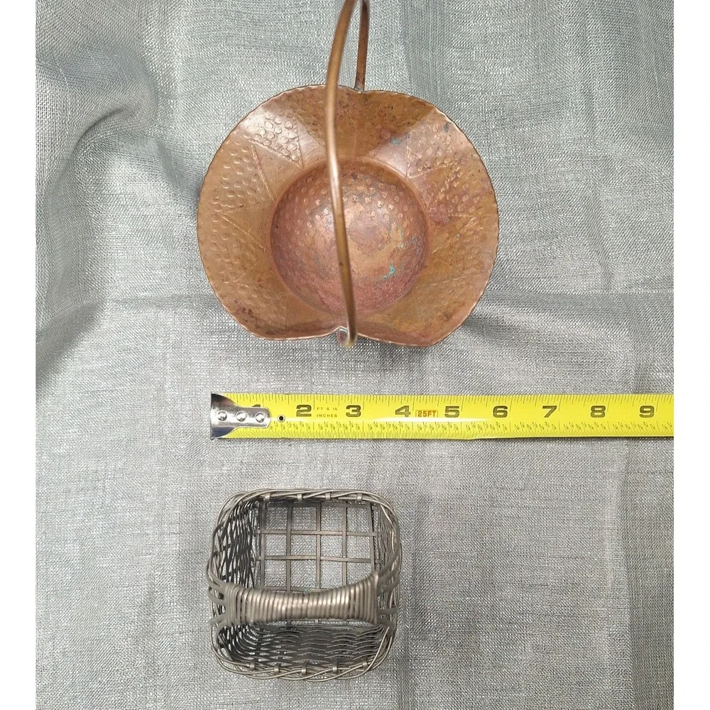 2 Mini Vintage Hammered Copper Basket & Metal Weave Handles Metalware Decor MCM